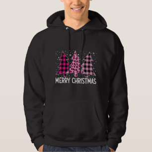 Merry Christmas Tree Pink Buffalo Plaid and Leopar Hoodie