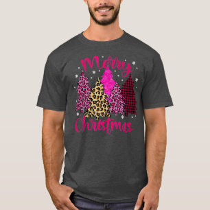 Merry Christmas Tree Pink Buffalo Plaid and Leopar T-Shirt