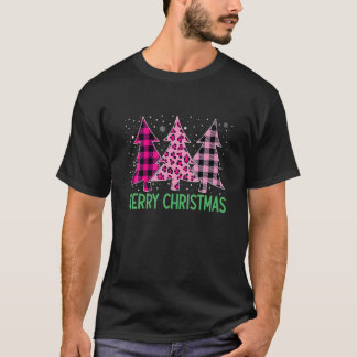 Merry Christmas Tree Pink Buffalo Plaid And Leopar T-Shirt
