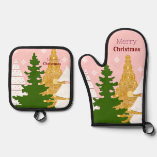 Merry Christmas tree pink Oven Mitt & Pot Holder Set