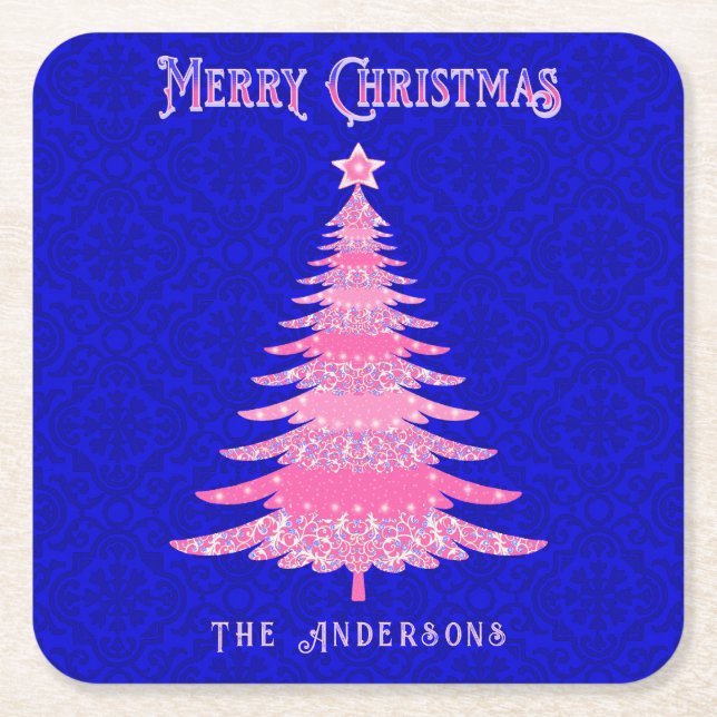 Merry Christmas Tree Pink Personalised Snowflakes Square Paper Coaster (Front)