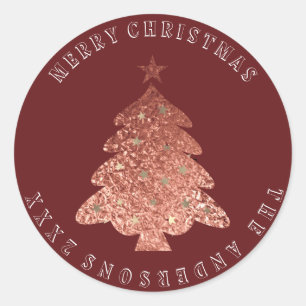 Merry Christmas Tree Pink Rose Gold Burgund Maroon Classic Round Sticker