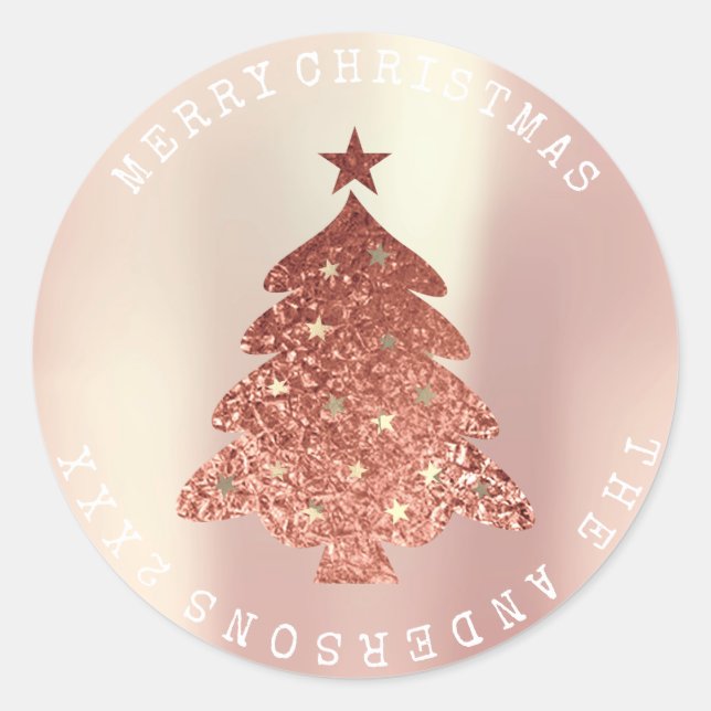 Merry Christmas Tree Pink Rose Gold Pearly Pastel Classic Round Sticker (Front)