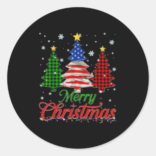 Merry Christmas Tree Plaid Us Flag Snowflake Xmas  Classic Round Sticker