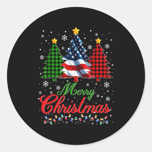 Merry Christmas Tree Plaid Us Flag Snowflake Xmas  Classic Round Sticker (Front)