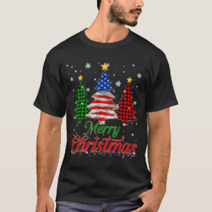 Merry Christmas Tree Plaid Us Flag Snowflake Xmas  T-Shirt