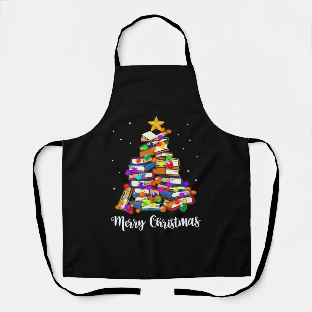 Merry Christmas Tree Reading Books Lover Librarian Apron (Front)