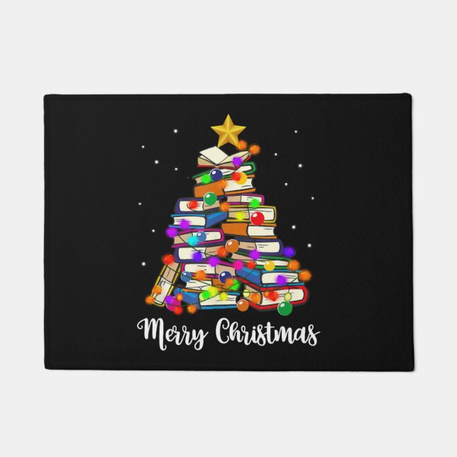 Merry Christmas Tree Reading Books Lover Librarian Doormat (Front)