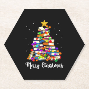 Merry Christmas Tree Reading Books Lover Librarian Paper Coaster