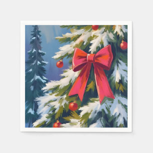 Merry Christmas Tree Red Bow Watercolor Painting Napkin