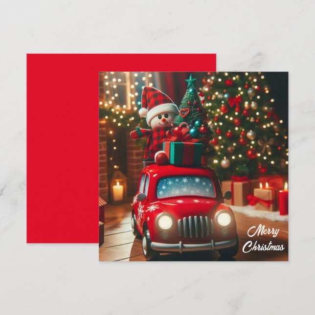 Merry Christmas tree red car bringing gifts Holiday Card (Front/Back)