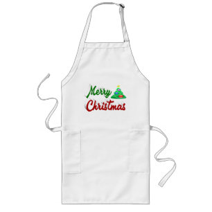 Merry Christmas Tree red green script Long Apron