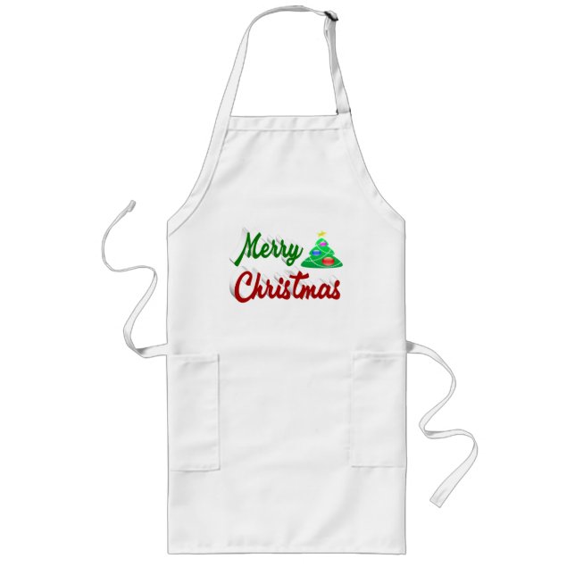 Merry Christmas Tree red green script Long Apron (Front)