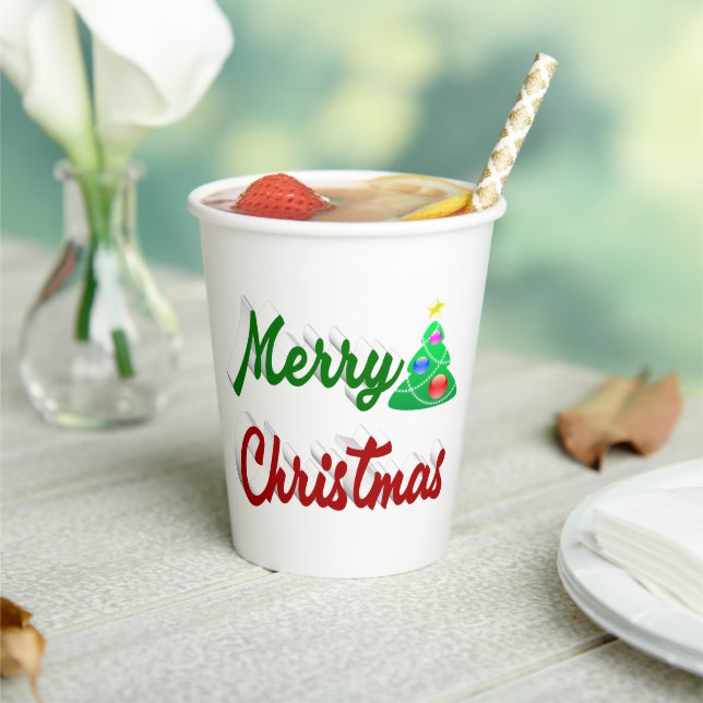 Merry Christmas Tree red green script  Paper Cups (Insitu)