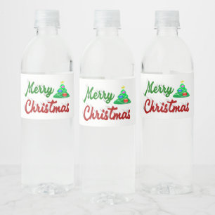 Merry Christmas Tree red green script Water Bottle Label