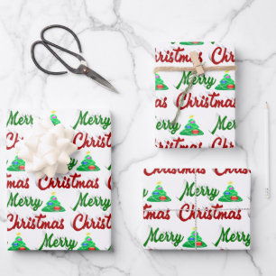 Merry Christmas Tree red green script Wrapping Paper Sheet