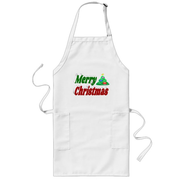 Merry Christmas Tree red green typography Long Apron (Front)