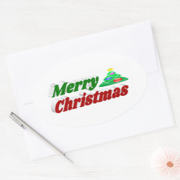 Merry Christmas Tree red green typography Oval Sticker