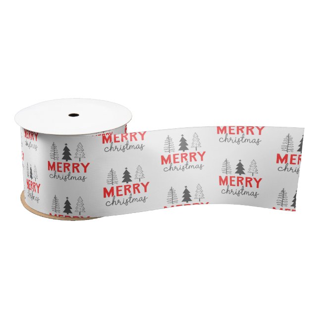 Merry Christmas Tree Red Grey Satin Ribbon (Spool)