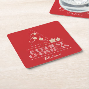 Merry Christmas Tree Red Square Paper Coaster