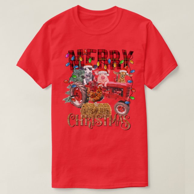 Merry Christmas Tree Red Tractor Lighting Farmer C T-Shirt (Design Front)