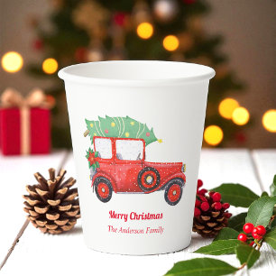 Merry Christmas Tree Red Truck Holiday Party Paper Cups