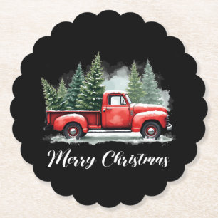 Merry christmas tree red Truck Paper Coaster