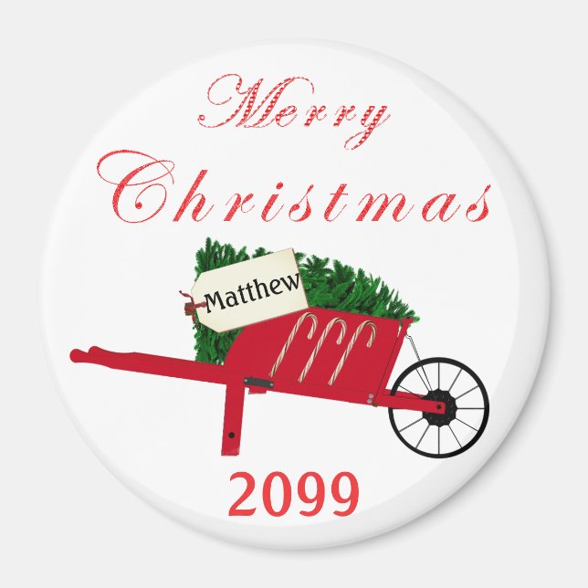 Merry Christmas Tree Red Vintage Wheelbarrow Magnet (Front)