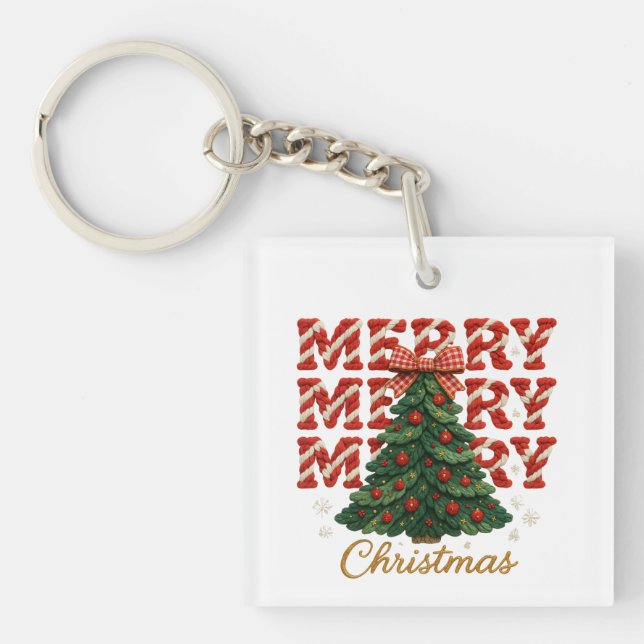 Merry Christmas Tree Retro Holiday Typography  Key Ring (Front)