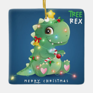 Merry Christmas Tree Rex Dinosaur  Ceramic Ornament