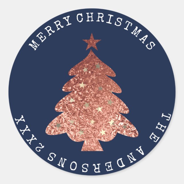 Merry Christmas Tree Rose Gold Blue Navy Classic Round Sticker (Front)