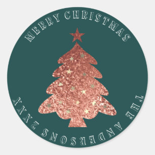 Merry Christmas Tree Rose Gold Cali Green Classic Round Sticker