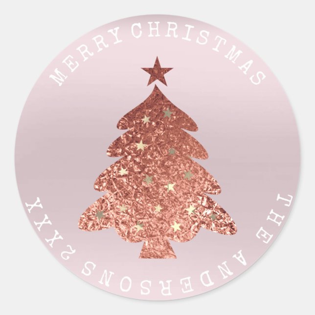 Merry Christmas Tree Rose Gold Lavender Pastel Classic Round Sticker (Front)
