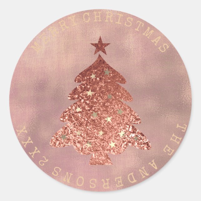 Merry Christmas Tree Rose Gold Linen Sepia Classic Round Sticker (Front)