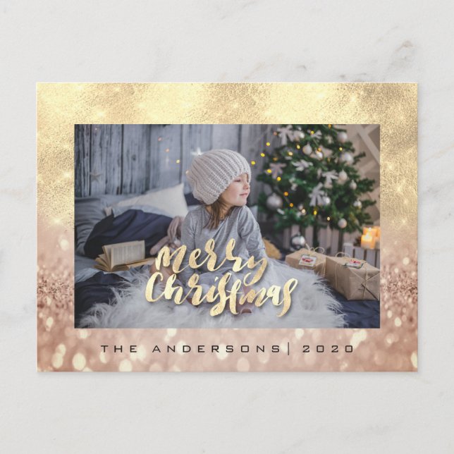 Merry Christmas Tree Rose Gold Spark Photo Glitter Postcard (Front)