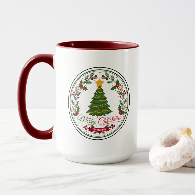 Merry Christmas Tree Round Badge Two-Tone Mug (With Donut)