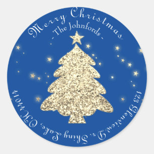 Merry Christmas Tree RSVP Greetings Gold Bue Navy Classic Round Sticker