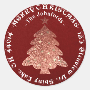 Merry Christmas Tree RSVP Rose Gold Kraft Burgundy Classic Round Sticker