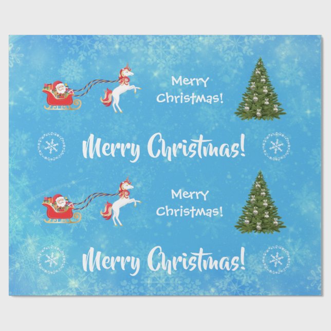 Merry Christmas Tree Santa Cute Girly Unicorn Blue Wrapping Paper (Flat)