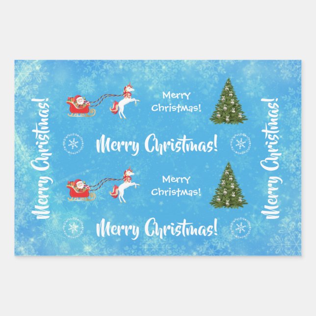 Merry Christmas Tree Santa Cute Kids Unicorn Blue Wrapping Paper Sheet (Front)