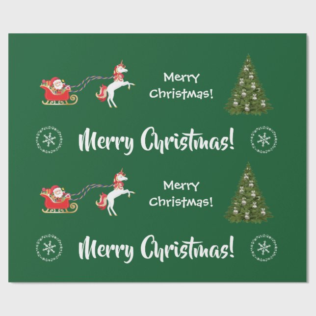 Merry Christmas Tree Santa Cute Kids Unicorn Green Wrapping Paper (Flat)