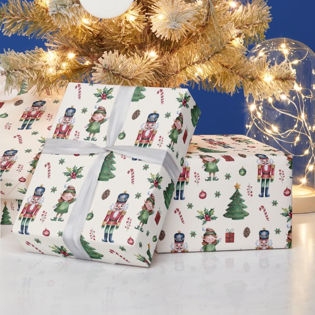 Merry Christmas tree Santa Nutcracker elf Ornament Wrapping Paper (Holidays)