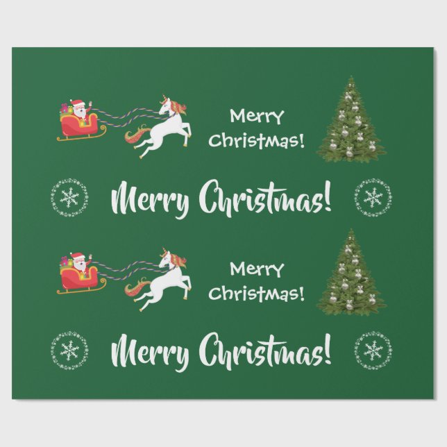 Merry Christmas Tree Santa Sleigh Girly Unicorn Wrapping Paper (Flat)