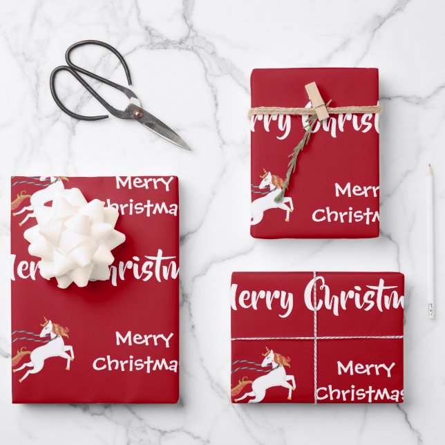 Merry Christmas Tree Santa Sleigh Girly Unicorn Wrapping Paper Sheet (Front)