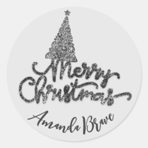 Merry Christmas Tree Script Name Black Diamond Classic Round Sticker
