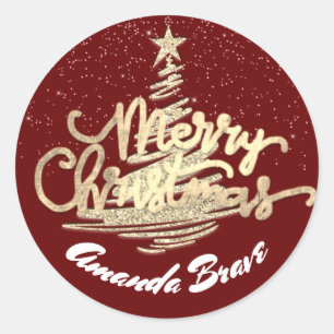 Merry Christmas tree Script Name Gold Burgundy Classic Round Sticker