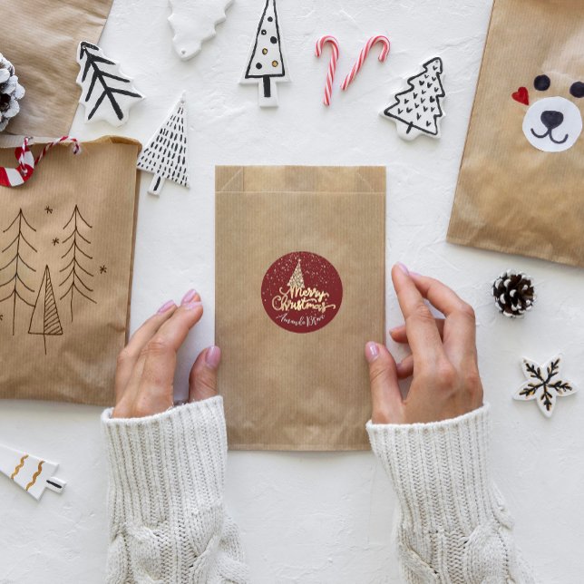 Merry Christmas Tree Script Name Gold Burgundyy Classic Round Sticker (Merry Christmas Tree Script Name Gold Burgundys Classic Round Sticker)