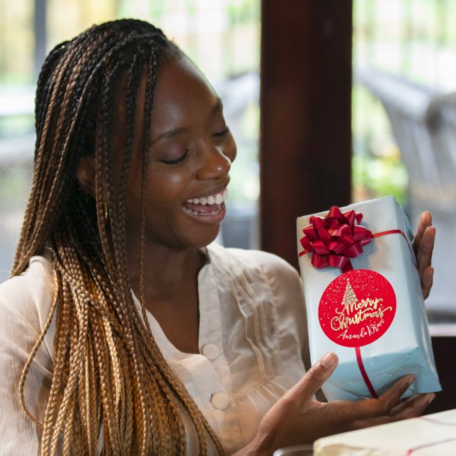 Merry Christmas Tree Script Name Gold ConfettiRed  Classic Round Sticker (Merry Christmas Tree Script Name Gold ConfettiRed Classic Round Sticker)