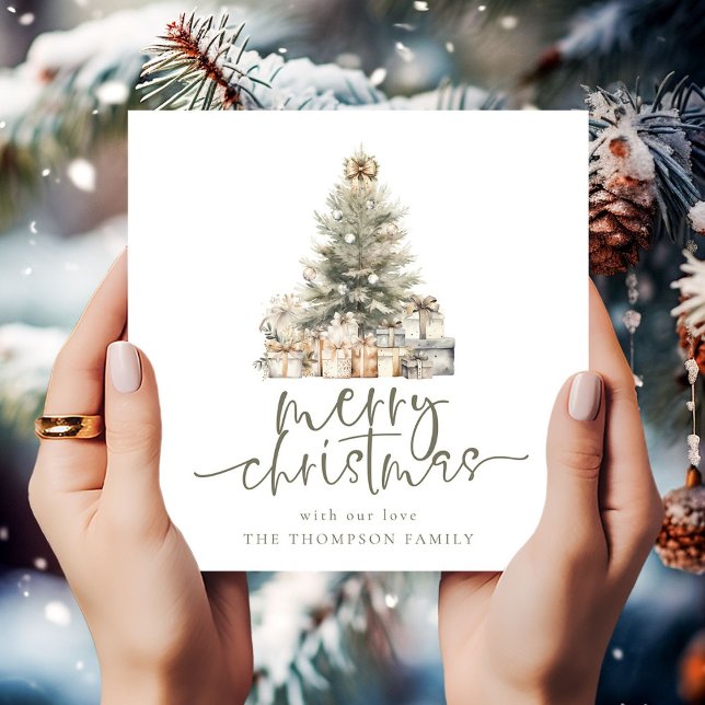 Merry Christmas Tree Script Square Holiday Card (Creator Uploaded)