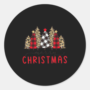 Merry Christmas Tree Shirts Funny Leopard Plaid Pr Classic Round Sticker